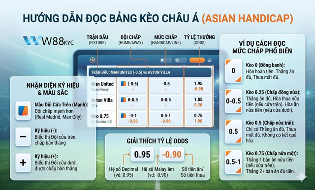 Hướng dẫn cách đọc bảng tỷ lệ kèo Châu Á tại W88 Bindings